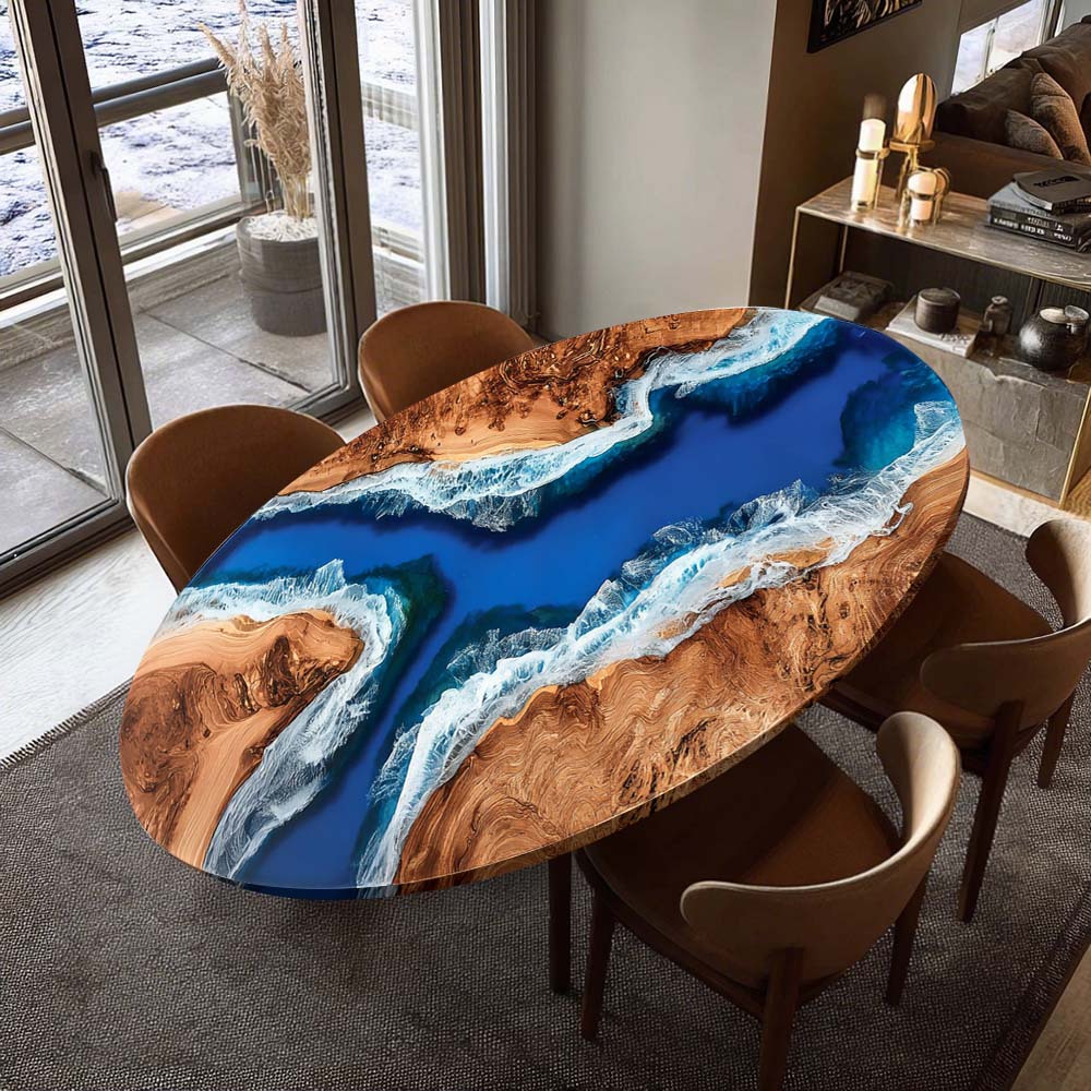 Elite Oval Golden Camphor Wood Dining Table with Majestic Ocean - Wave Resin Inlay ECT-247