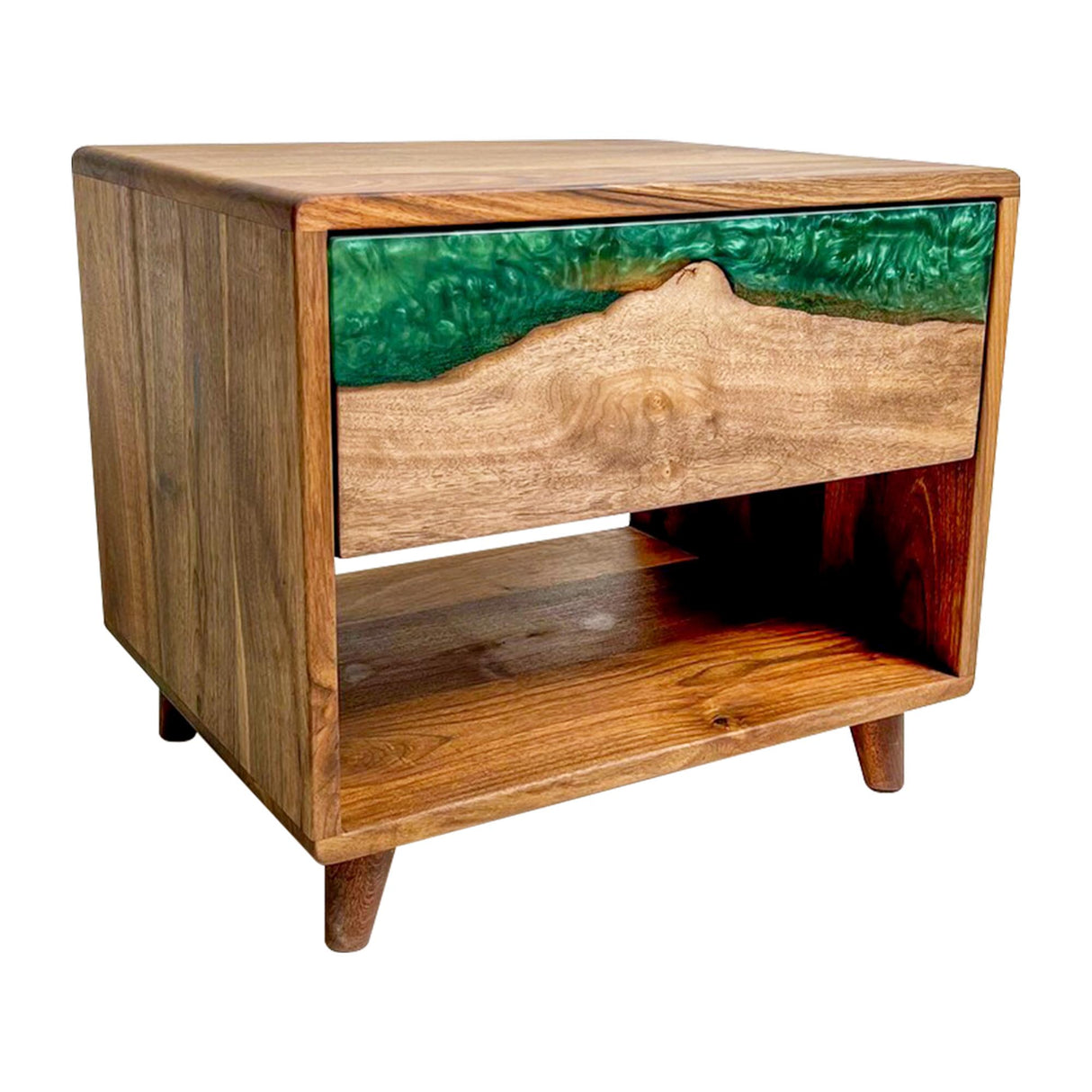 Elite Walnut Nightstand with Emerald Green Epoxy Drawer ECN-03