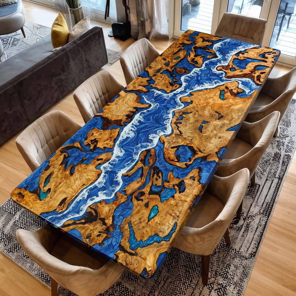 Elite Cunninghamia Wood with Blue & White Waves Epoxy Resin River Table ECT-186