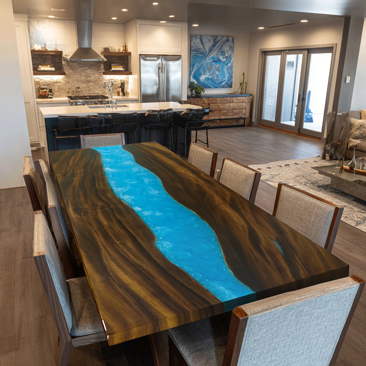 Elite Straight - Edge Walnut Dining Table with Blue Resin Inlay 96.06‘’L×42.13''W, EIT-02