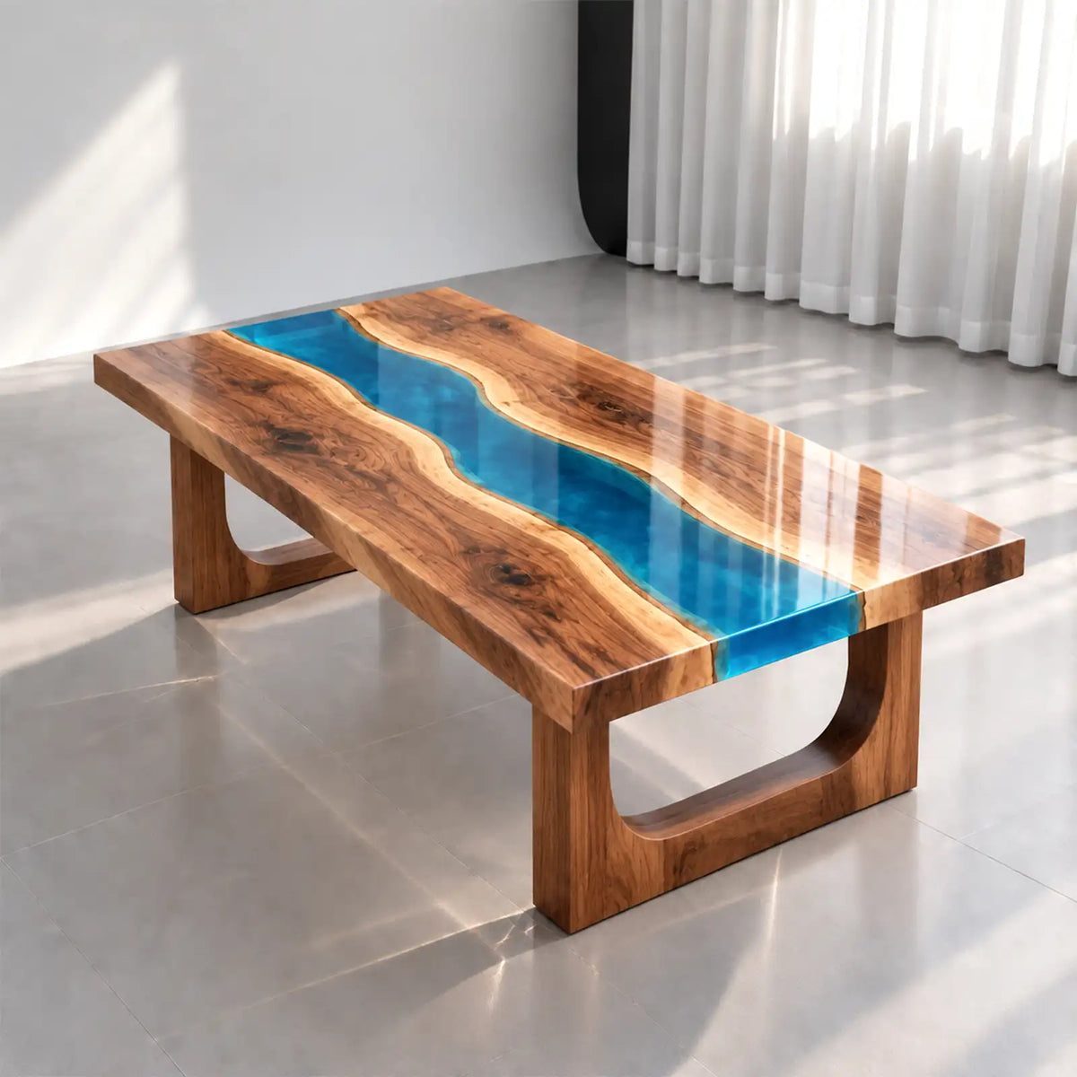 Custom Walnut Blue Epoxy Resin Patio Coffee Table | ECT-415