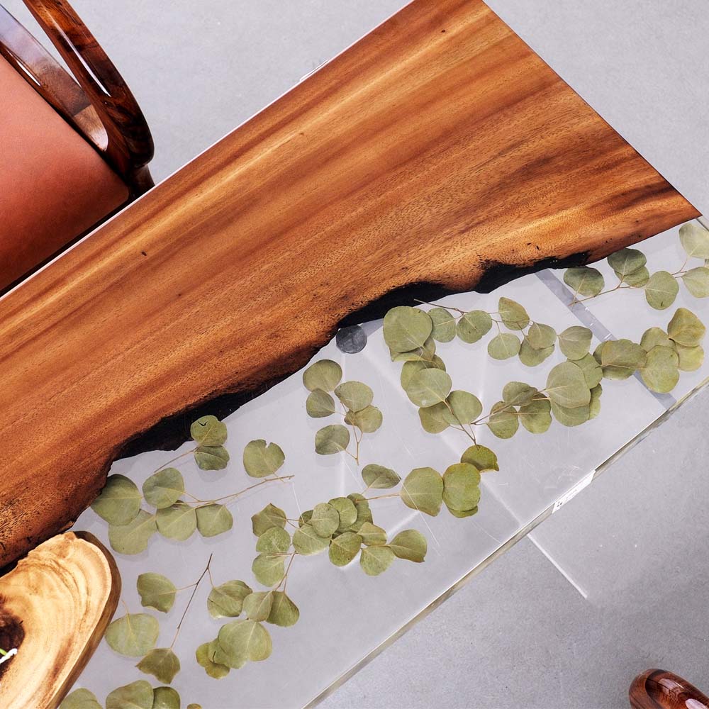 Elite Walnut Wood with Transparent Resin and Embedded Leaves Dining Table ECT-175