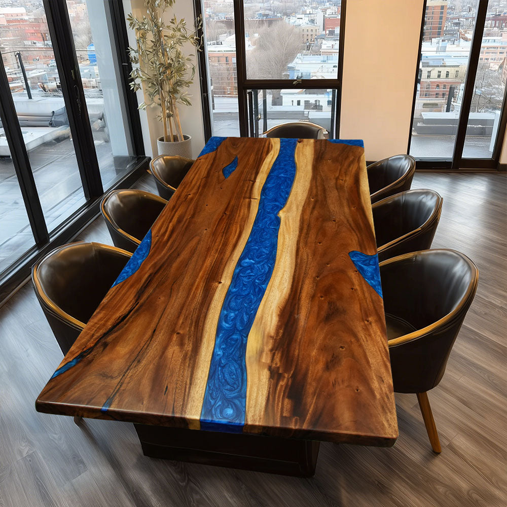 Elite Straight - Edge Walnut Dining Table with Irregular Blue Resin 72.05''L×36.22''W, EIT-35