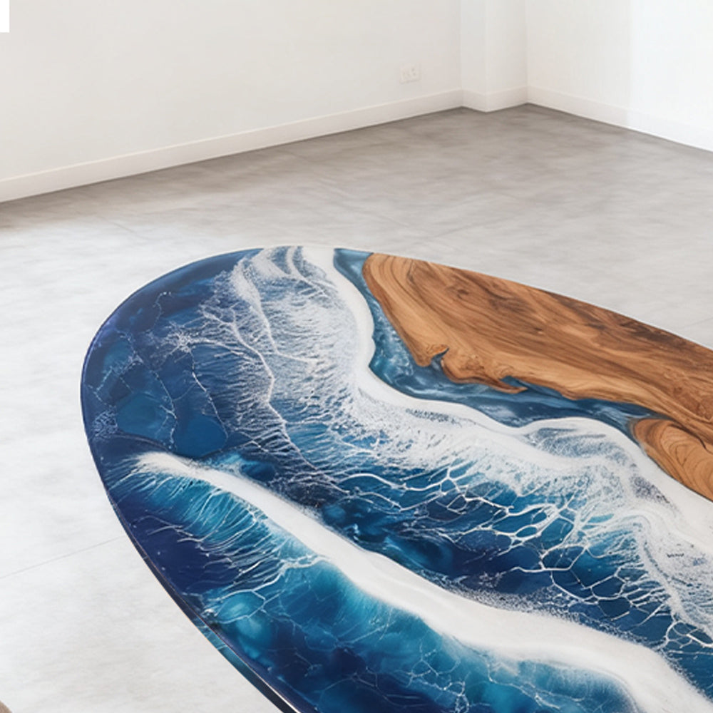 Elite Oval Olive Wood Dining Table with Vivid Ocean - Wave Resin Inlay ECT-244