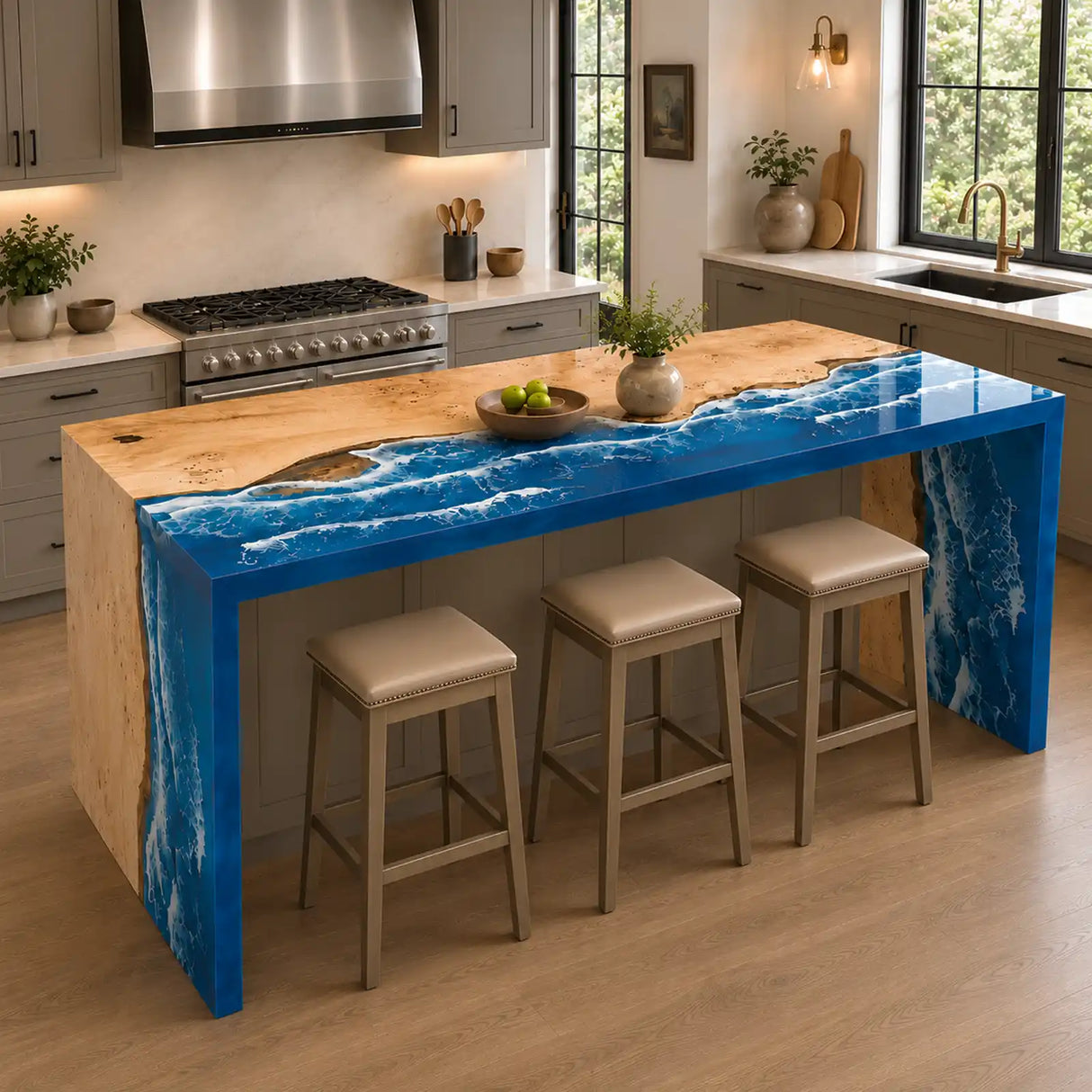 Poplar Ocean Waterfall Epoxy Resin Dining Table | ECT-384