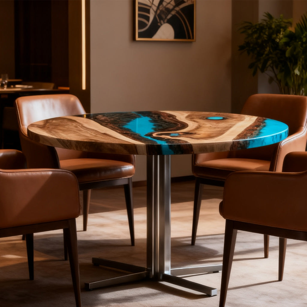 Elite Custom Walnut Turquoise Blue Epoxy Resin Round Table ECT-30
