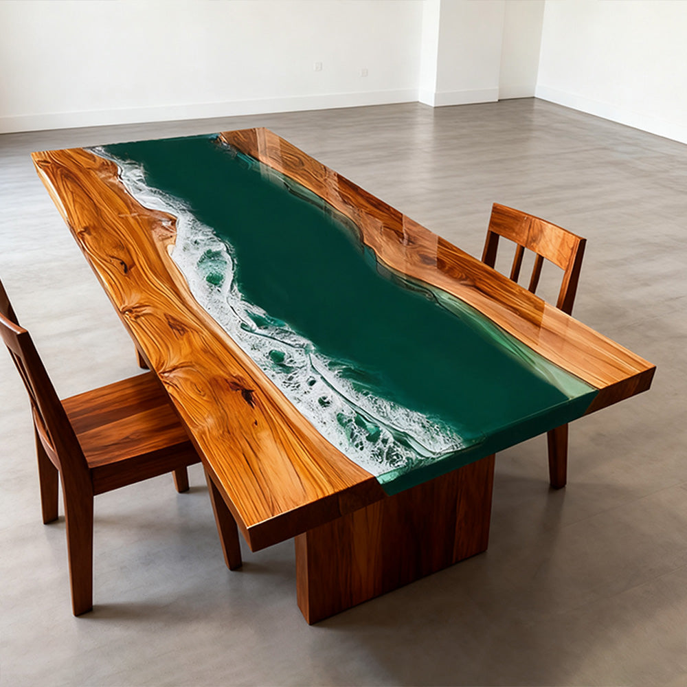 Elite Olive Wood Straight Edge Emerald Green Epoxy Rectangular Dinner Table ECT-252