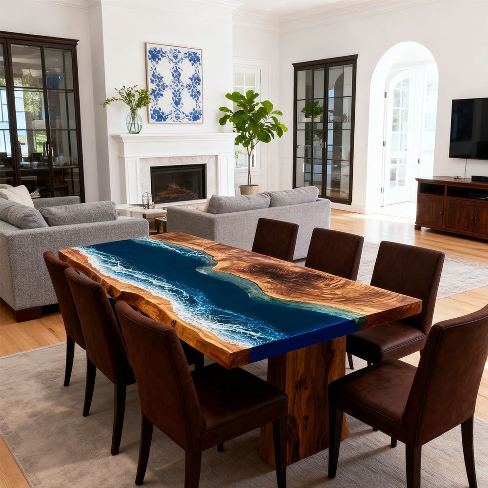 Elite Walnut Blue Ocean Wave Epoxy Rectangular Coffee Table ECT-260