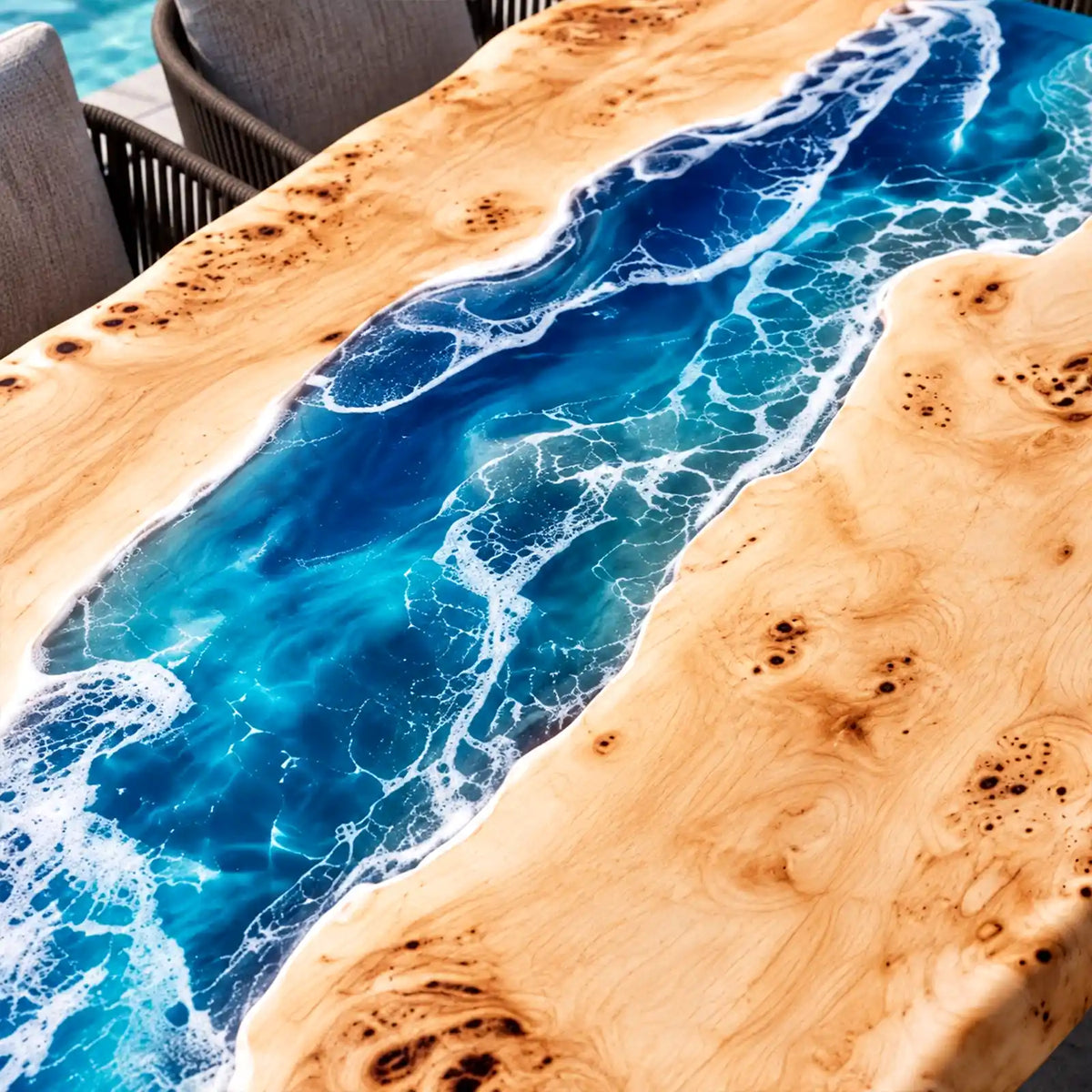 Custom Poplar Ocean Wave Epoxy Patio Dining Table | ECT-418