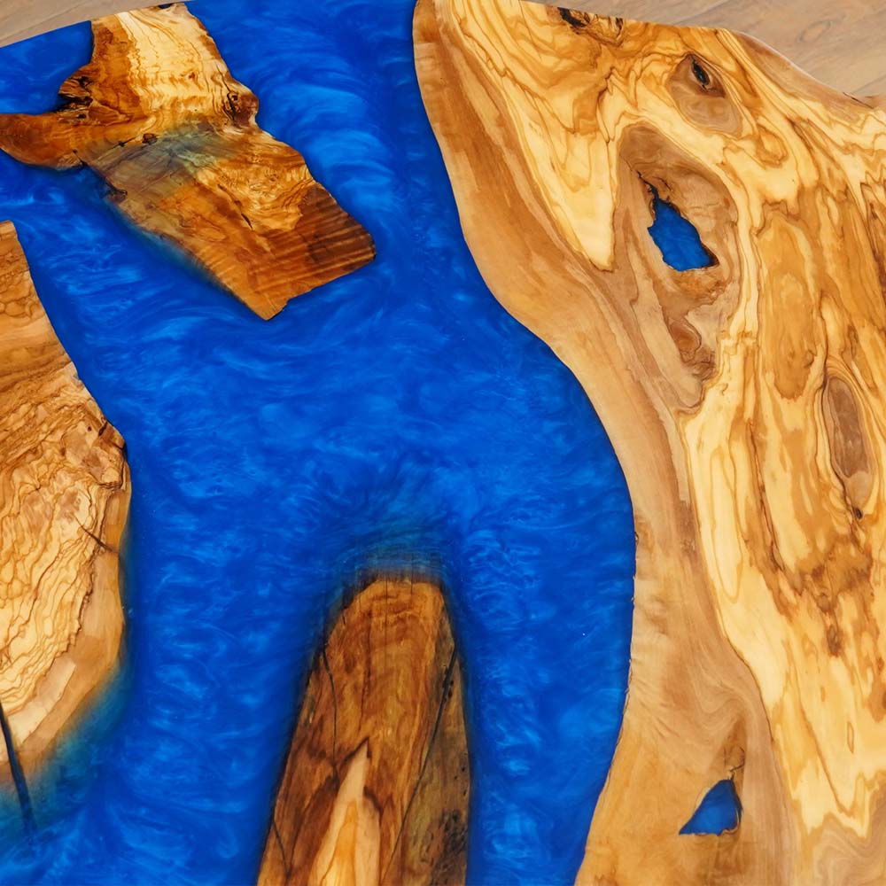 Elite Olive Wood with Flowing Ocean Blue Epoxy Resin Irregular Live - Edge Round Coffee & Dining Table ECT-184