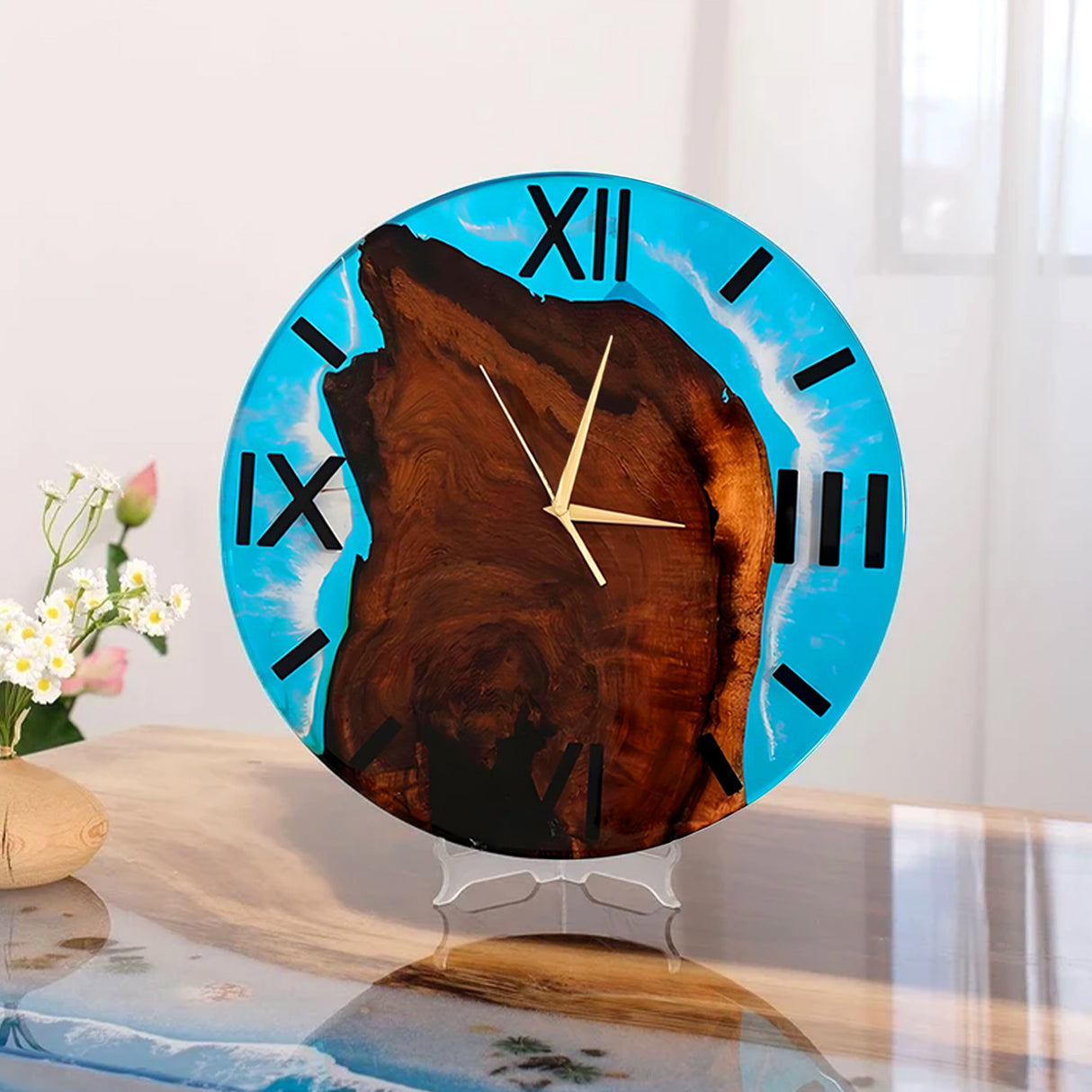 Elite Blue Ocean Wave Epoxy Resin & Black Walnut Wood Wall Clock  EWC-03 - 16''