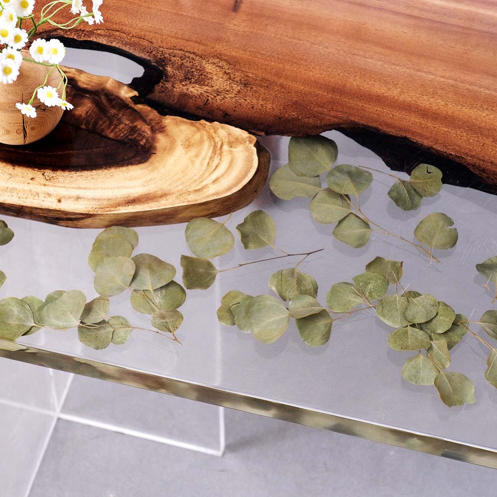 Elite Walnut Wood with Transparent Resin and Embedded Leaves Dining Table ECT-175