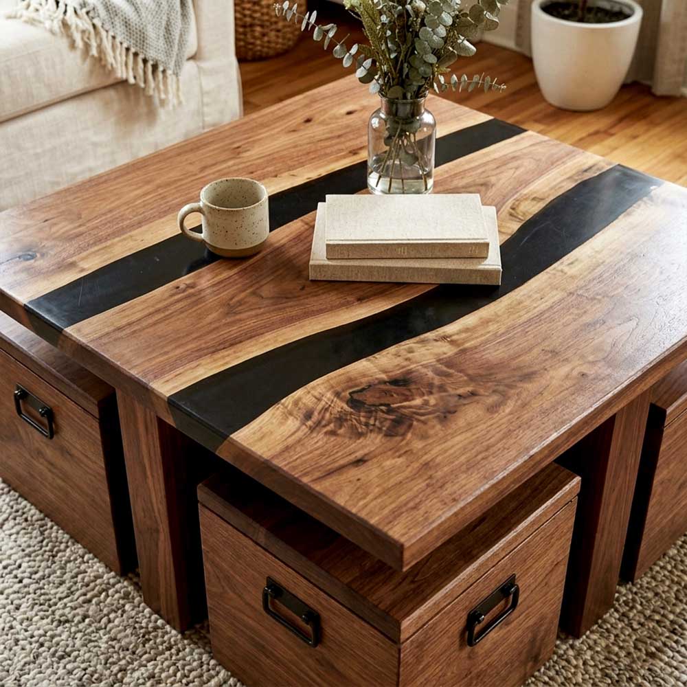 Custom Walnut Coffee Table with Black Epoxy Resin Inlay | ECT-350