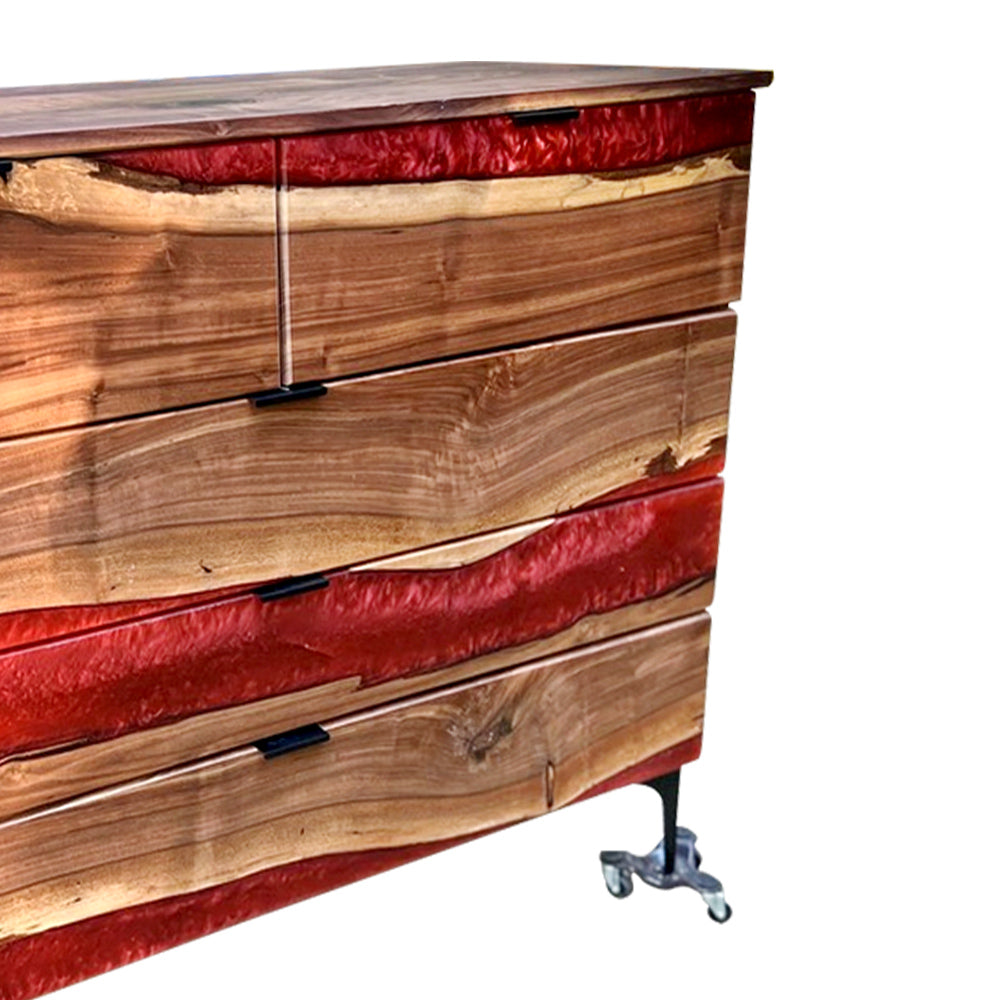 Elite Walnut Red Resin Wheeled 5-Drawer Dresser ECD-09