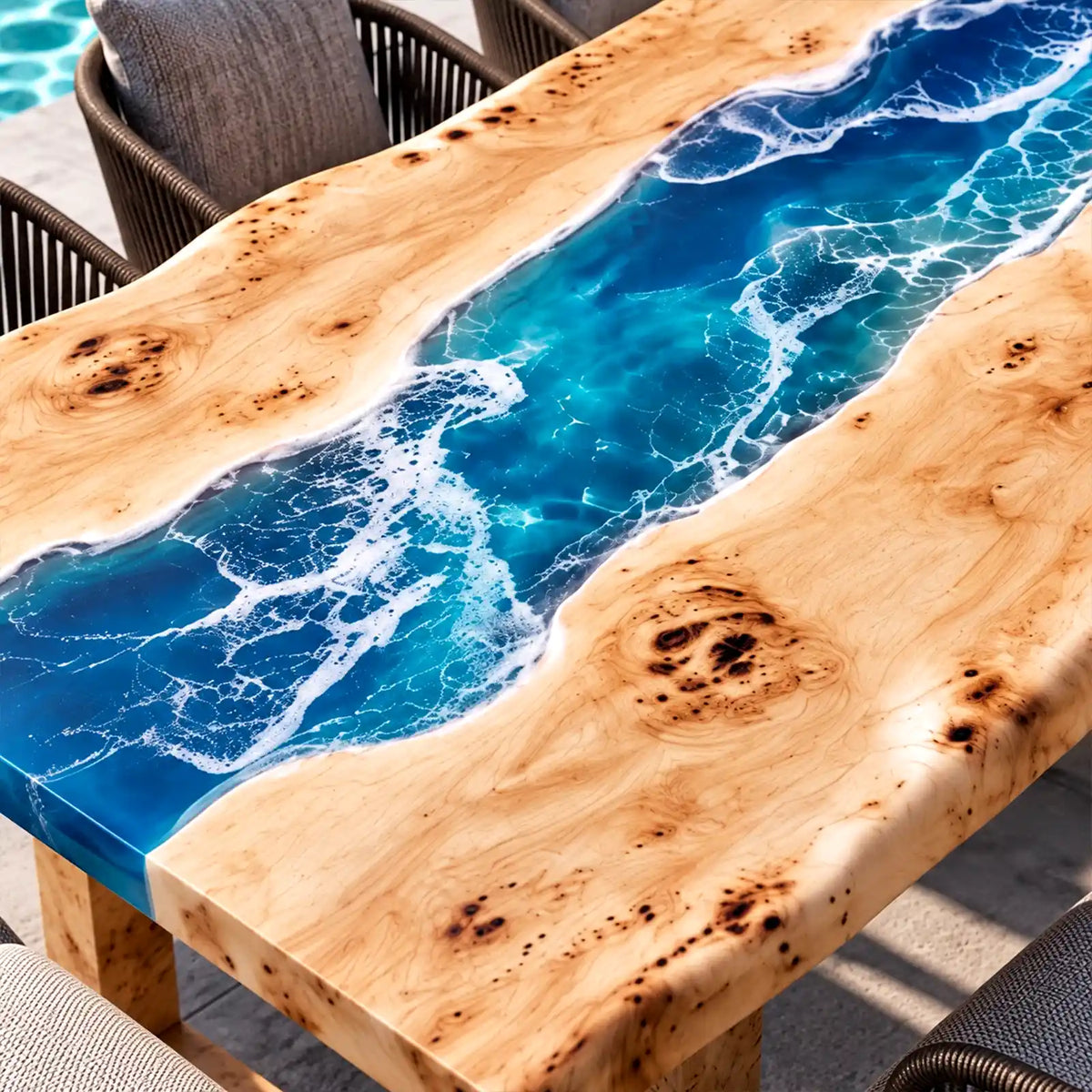 Custom Poplar Ocean Wave Epoxy Patio Dining Table | ECT-418