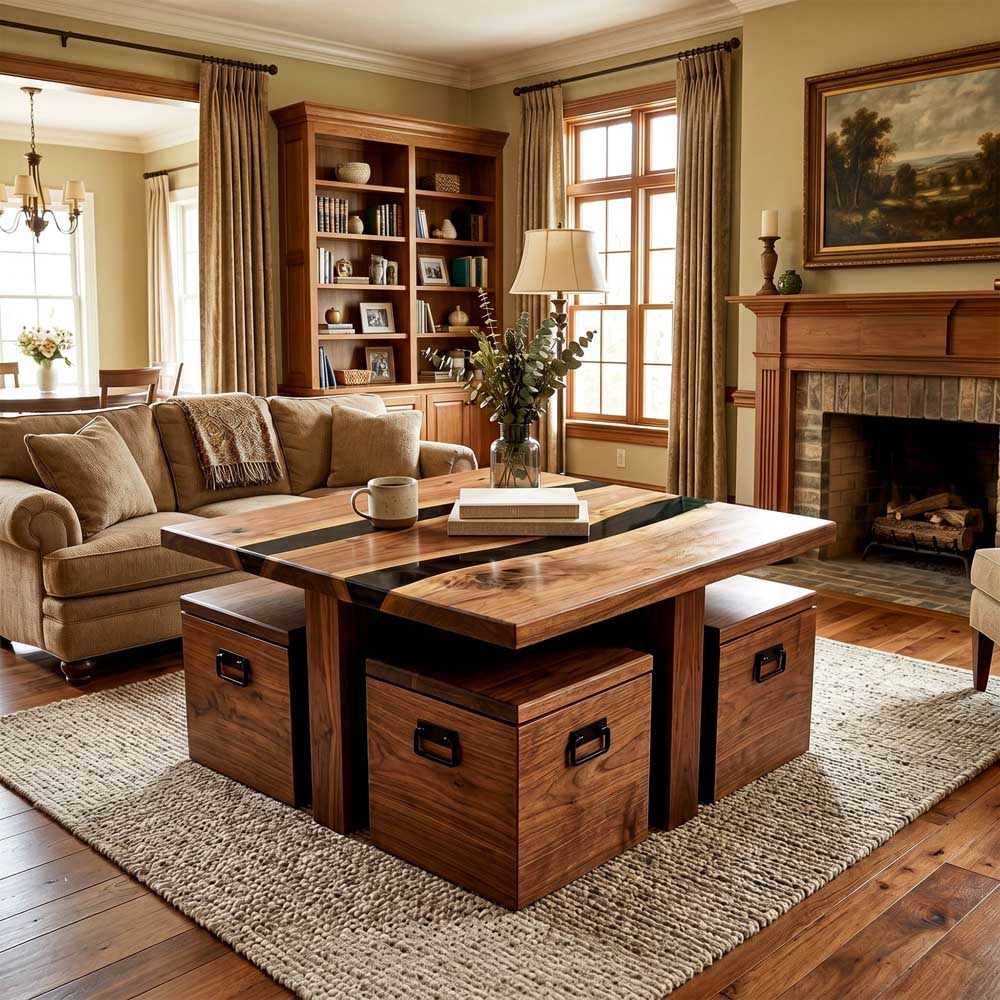 Custom Walnut Coffee Table with Black Epoxy Resin Inlay | ECT-350