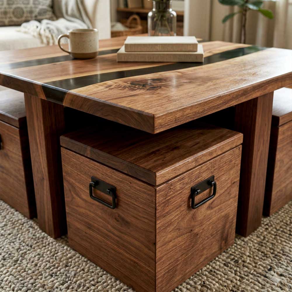 Custom Walnut Coffee Table with Black Epoxy Resin Inlay | ECT-350