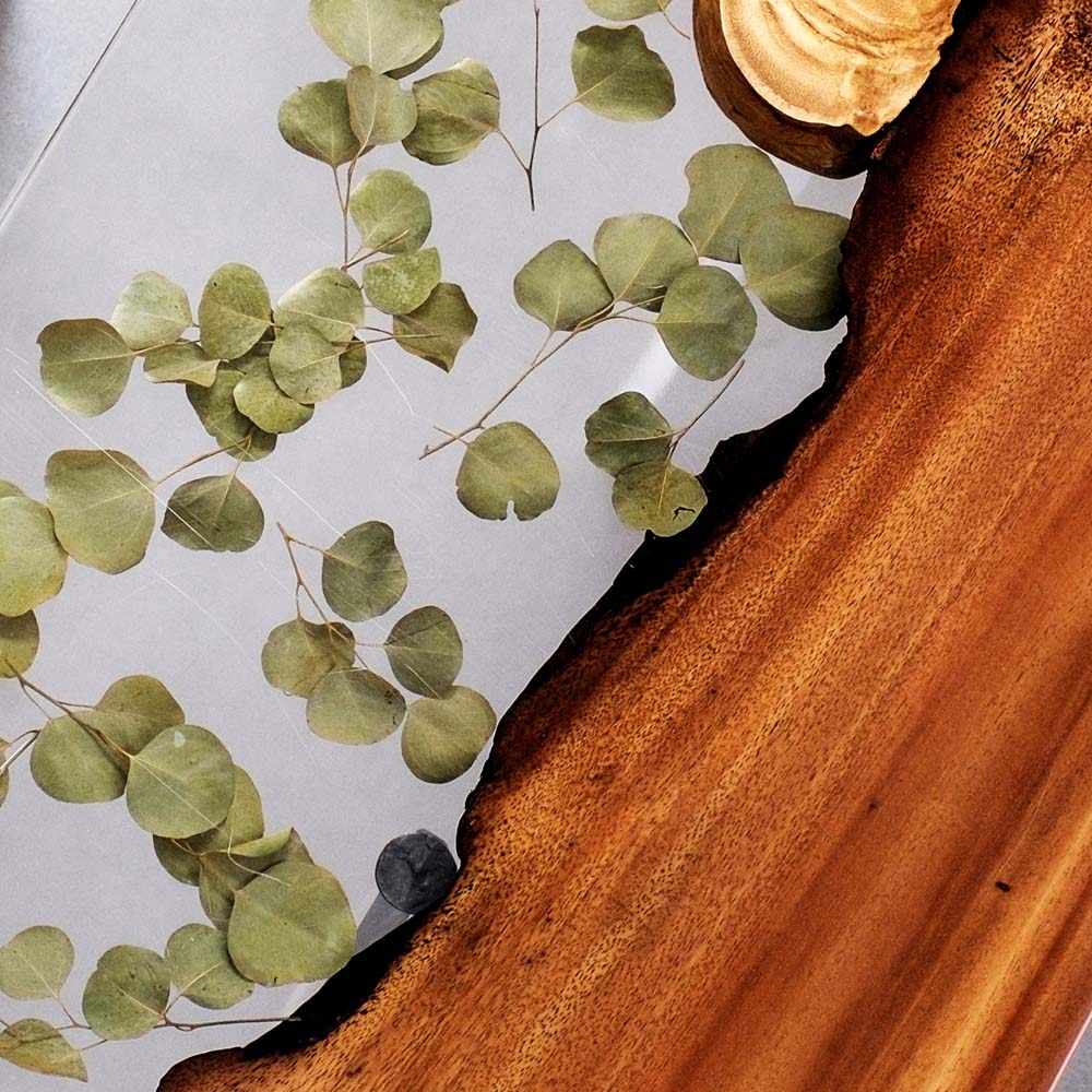 Elite Walnut Wood with Transparent Resin and Embedded Leaves Dining Table ECT-175