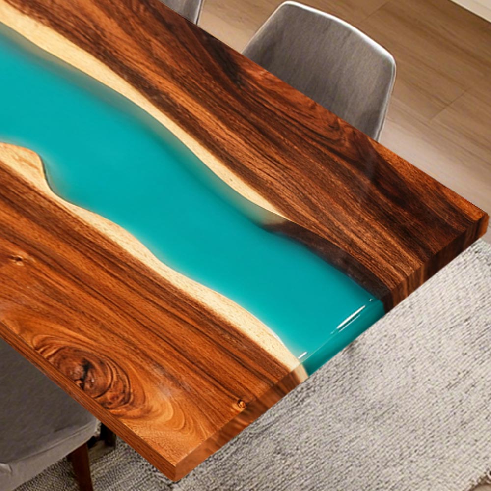 Elite Straight - Edge Walnut Dining Table with Turquoise Resin Inlay ECT-140