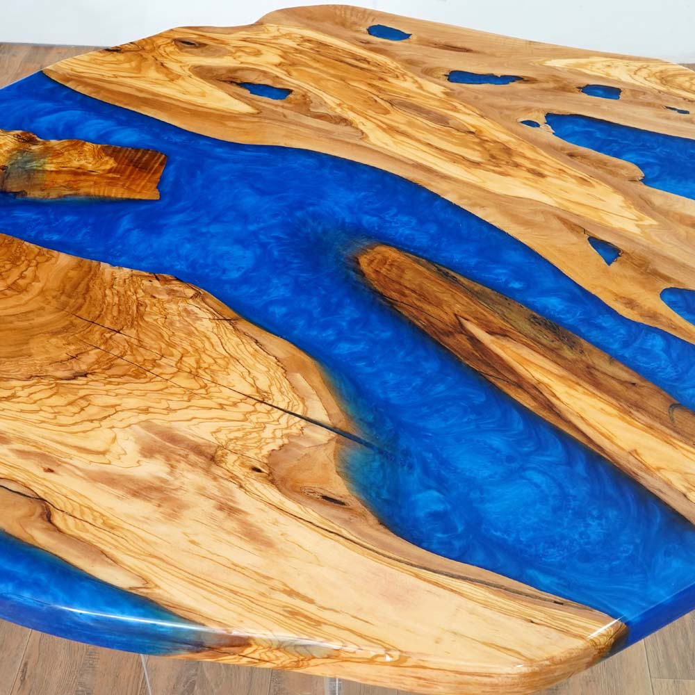 Elite Olive Wood with Flowing Ocean Blue Epoxy Resin Irregular Live - Edge Round Coffee & Dining Table ECT-184
