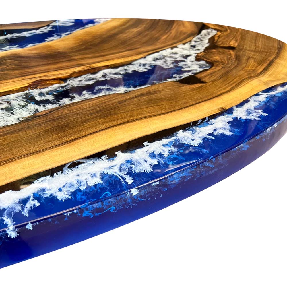 Walnut Wood with Blue and White Ocean Wave Epoxy Resin Oval Dining & Cofffee Table ECT-169