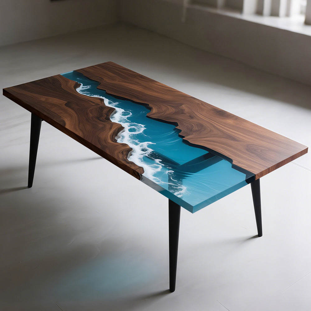 Elite Straight - Edge Black Walnut Dining Table with Ocean - Style Blue Resin Inlay ECT-238