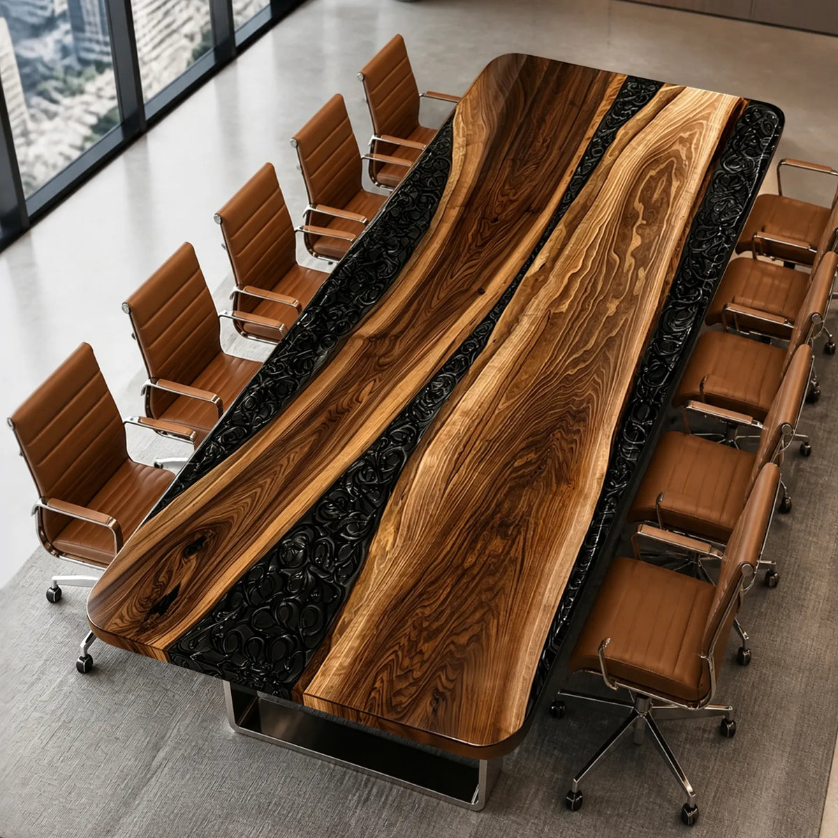 Custom Straight Edge Walnut Black Epoxy Resin Conference Table | ECT-400