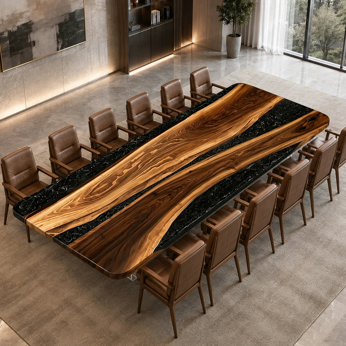 Custom Straight Edge Walnut Black Epoxy Resin Conference Table | ECT-400