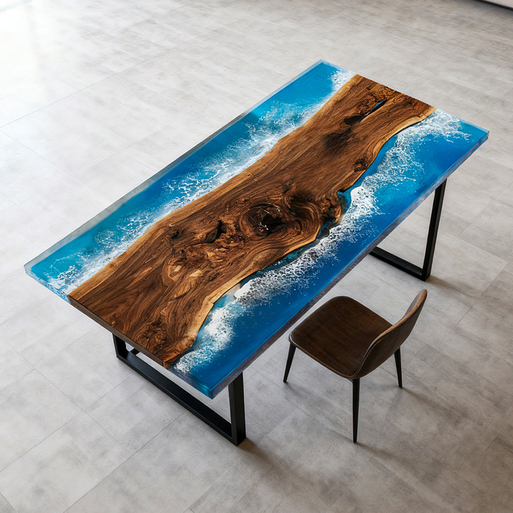 Elite Walnut Blue Epoxy Rectangular Resin Dining Table – Custom River Table ECT-269