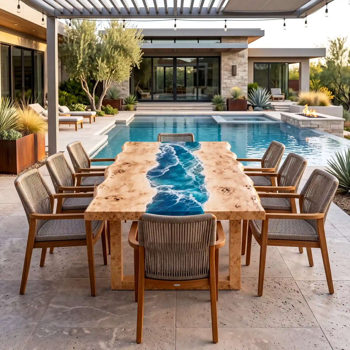 Custom Poplar Ocean Wave Epoxy Patio Dining Table | ECT-418