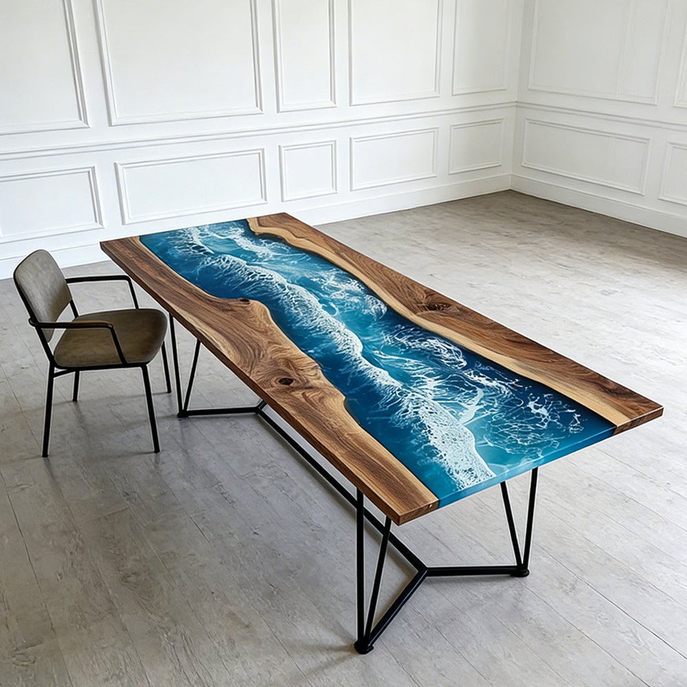 Elite Walnut Blue Epoxy River Rectangular Resin Dining Table – Modern Handmade Design ECT-271