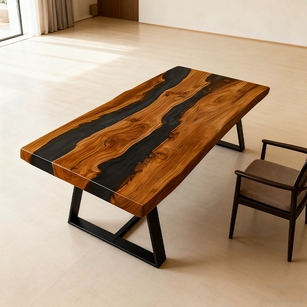 Elite Olive Wood Black Epoxy Rectangular Resin Dining Table – Natural Grain River Table ECT-264