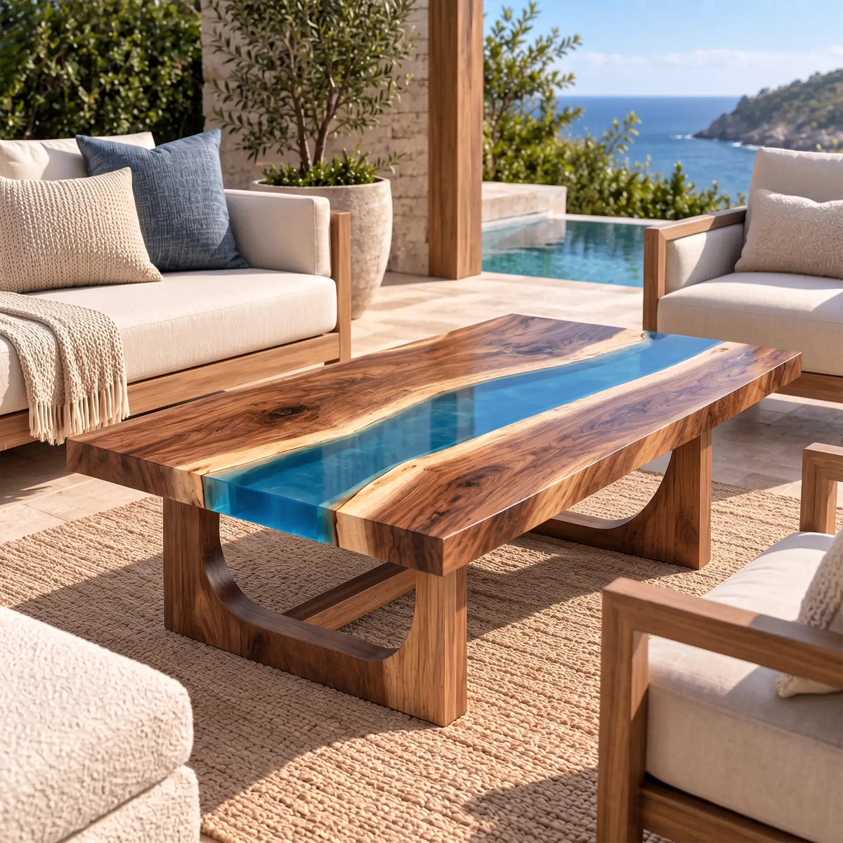 Custom Walnut Blue Epoxy Resin Patio Coffee Table | ECT-415