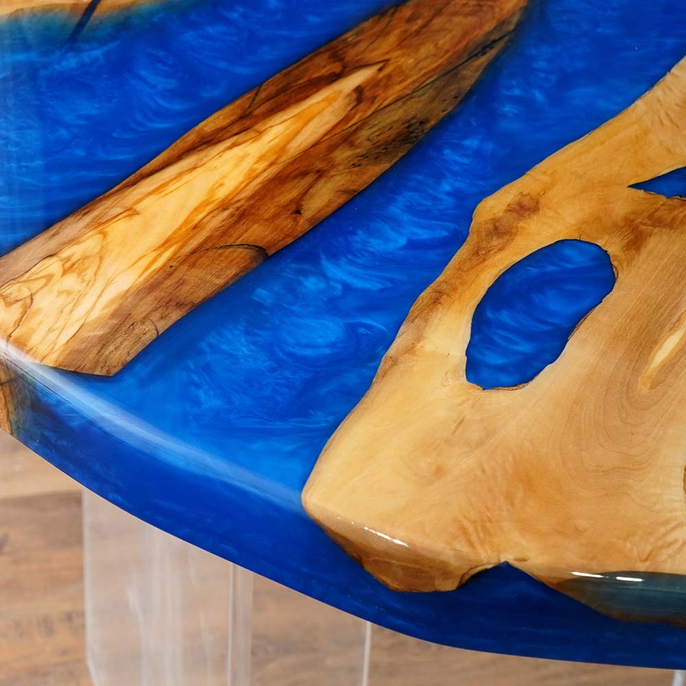 Elite Olive Wood with Flowing Ocean Blue Epoxy Resin Irregular Live - Edge Round Coffee & Dining Table ECT-184