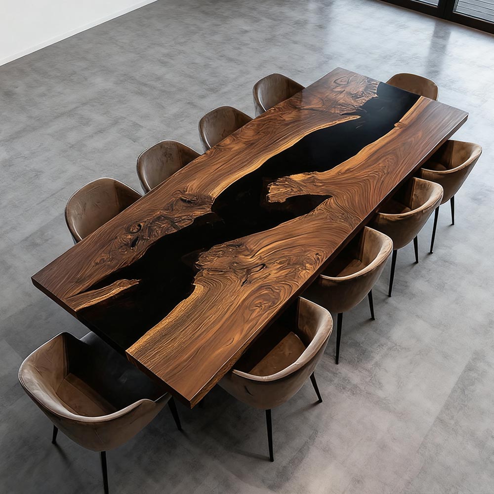 Elite Straight - Edge Black Walnut Dining Table with Deep Black Resin Inlay ECT-239