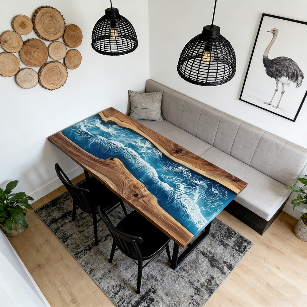 Elite Walnut Blue Epoxy River Rectangular Resin Dining Table – Modern Handmade Design ECT-271