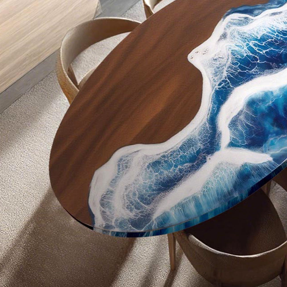 Elite Oval Black Walnut Dining Table with Ocean - Wave Blue Resin Inlay ECT-246