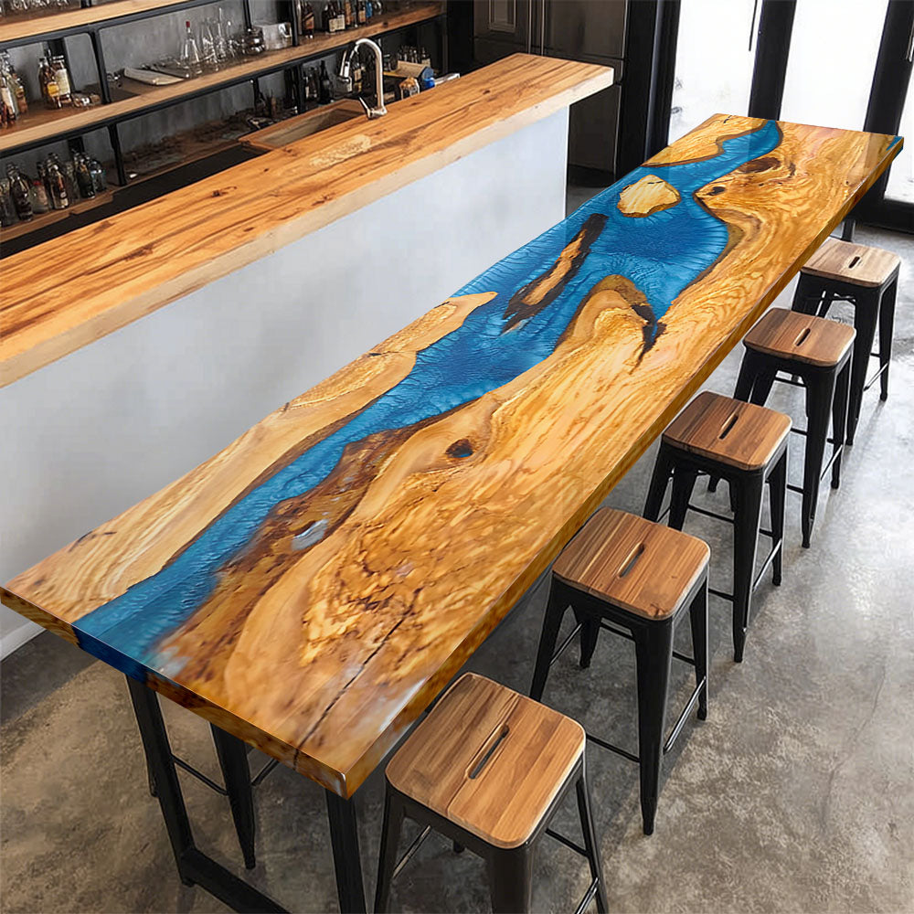 Elite Natural - Edge Olive Wood Bar Table with Irregular Blue Resin 84.25''L×20.08''W, EIT-34