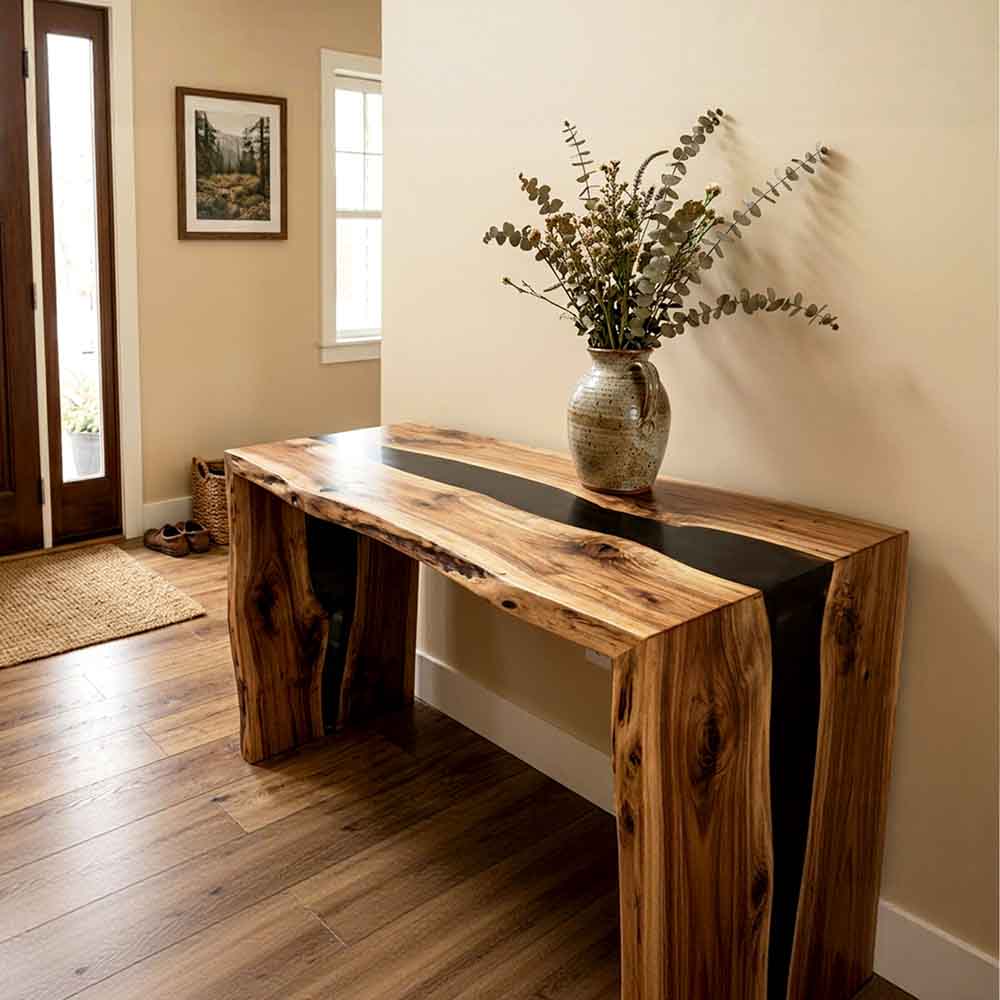 Custom Straight Edge Olive Wood Epoxy Waterfall Console Table – Solid Wood Entryway Table | ECT-326