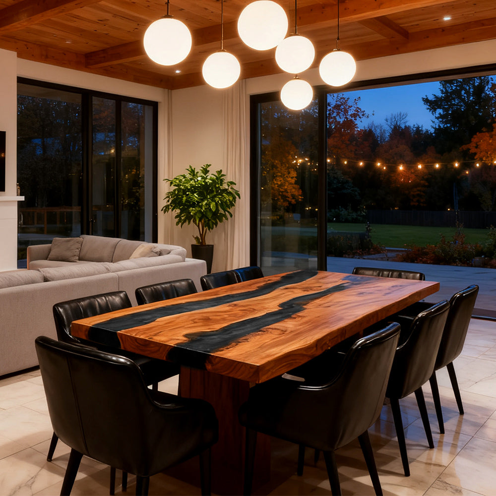 Elite Olive Wood Black Epoxy Rectangular Resin Dining Table – Natural Grain River Table ECT-264