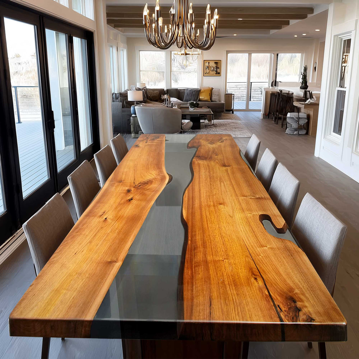 Elite Straight - Edge Black Walnut Dining Table with Gray Transparent Resin 72.05''L×36.22''W, EIT-38