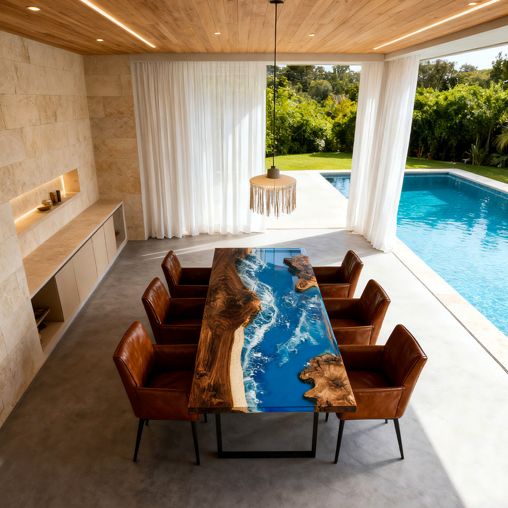 Elite Walnut Blue Epoxy River Rectangular Resin Dining Table – ECT-268