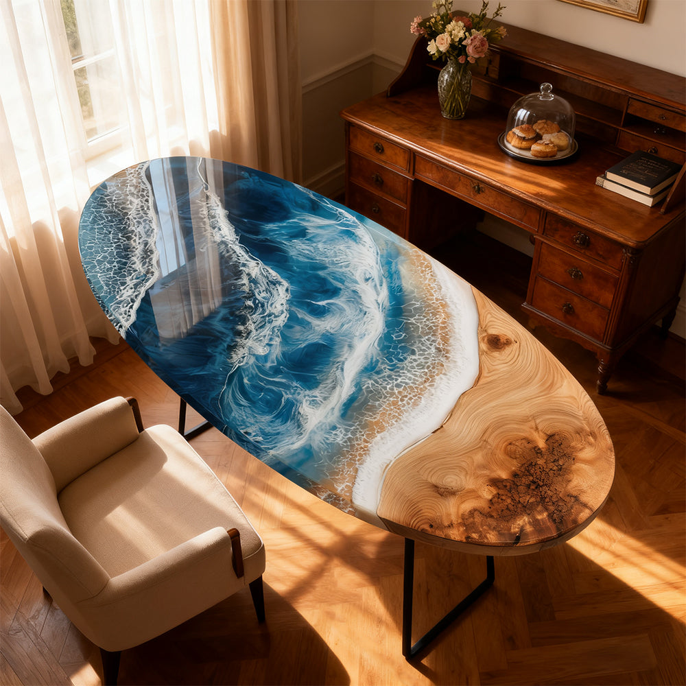 Elite Oval Olive Wood Dining Table with Dynamic Ocean - Wave Resin Inlay ECT-245