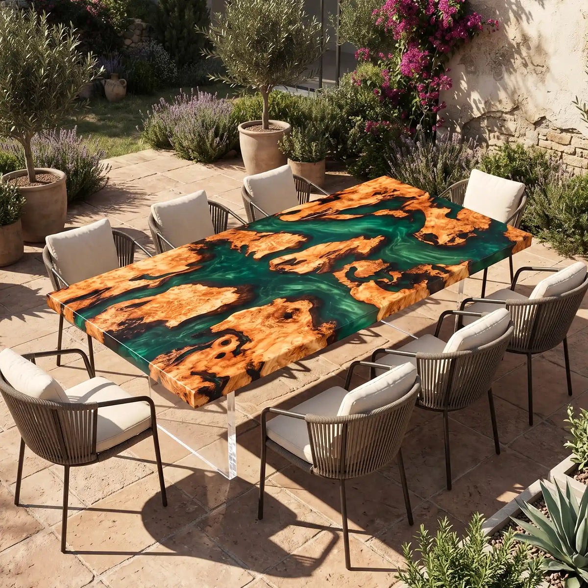 Custom Poplar Green Epoxy Resin Patio Dining Table | ECT-427