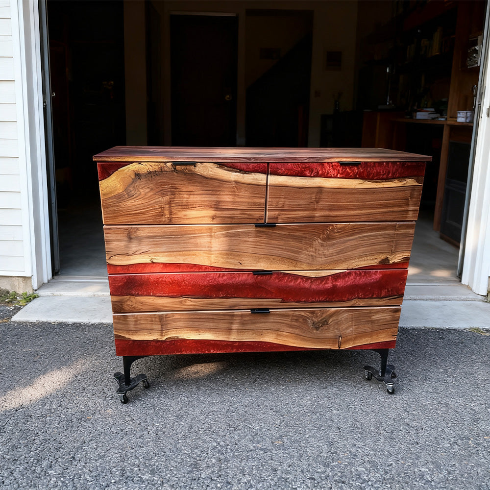 Elite Walnut Red Resin Wheeled 5-Drawer Dresser ECD-09