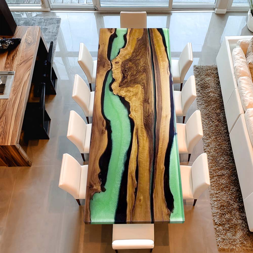 Elite Walnut Wood & Green - Black Resin River Dining Table ECT-197