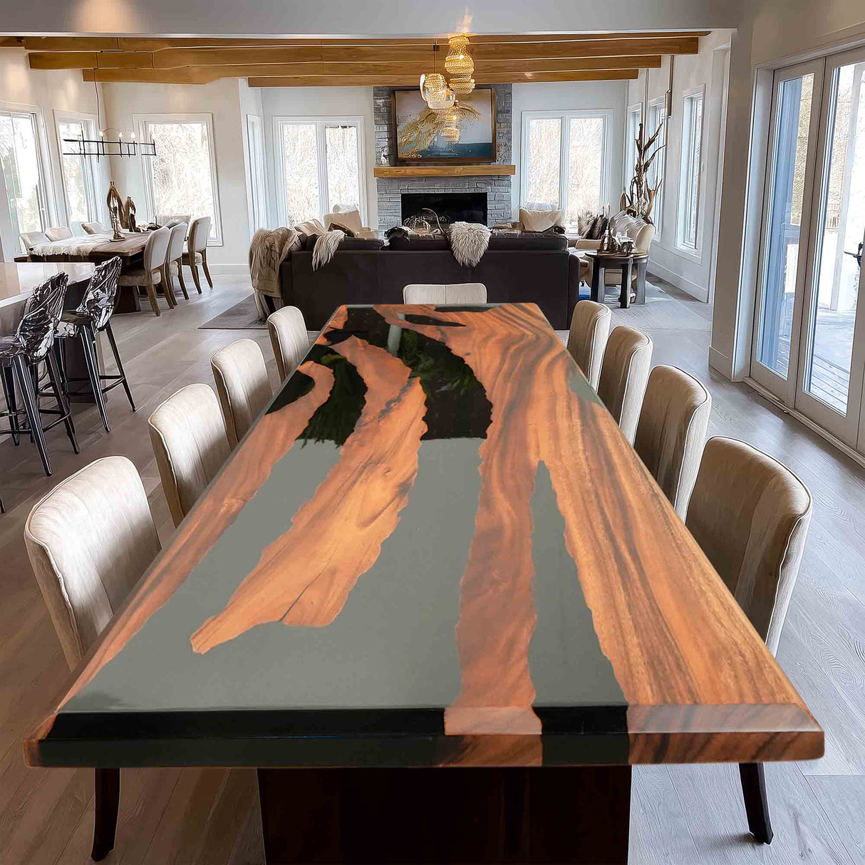 Elite Bevel - Edge Walnut Dining Table with Irregular Black Resin 72.05''L×30.31''W, EIT-36