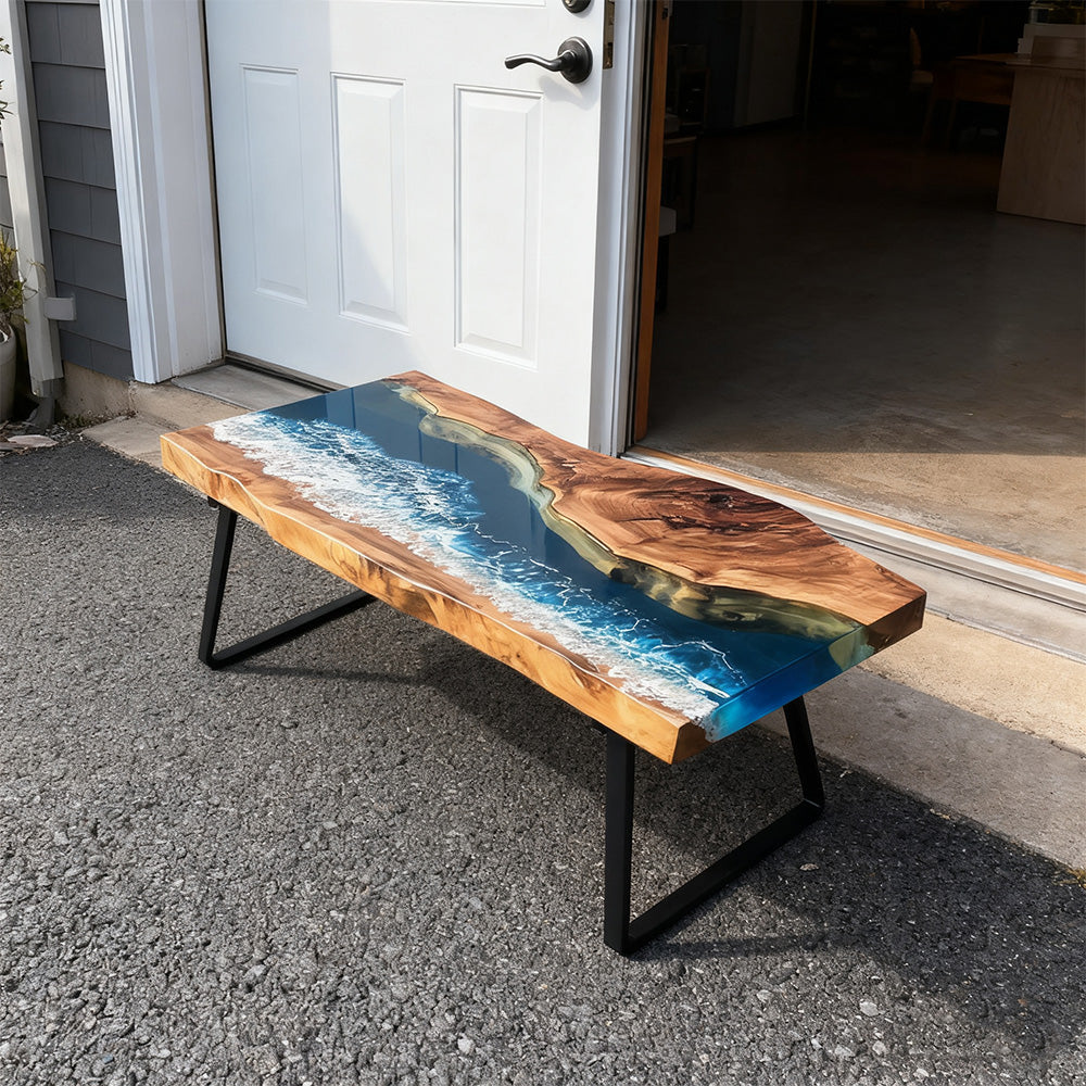 Elite Walnut Blue Ocean Wave Epoxy Rectangular Coffee Table ECT-261