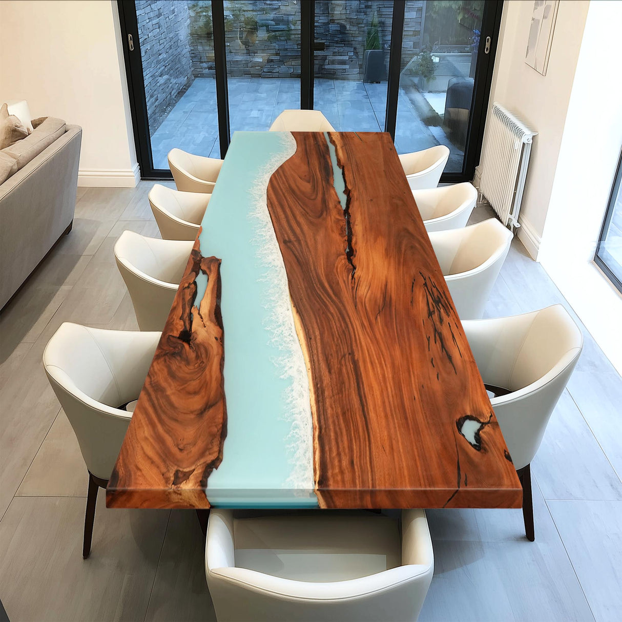 Elite Straight - Edge Walnut Dining Table with Blue Resin Wave 72‘’L×48''W, EIT-12