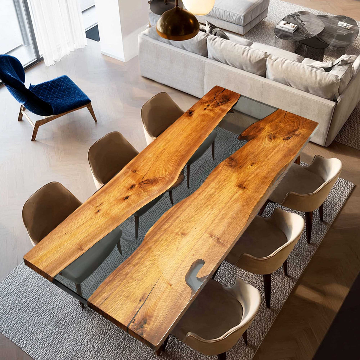 Elite Straight - Edge Black Walnut Dining Table with Gray Transparent Resin 72.05''L×36.22''W, EIT-38